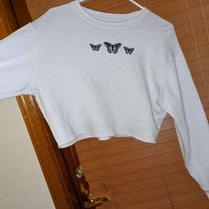 Plain white, cropped long sleeve, Hollister butterfly print, white shirt.